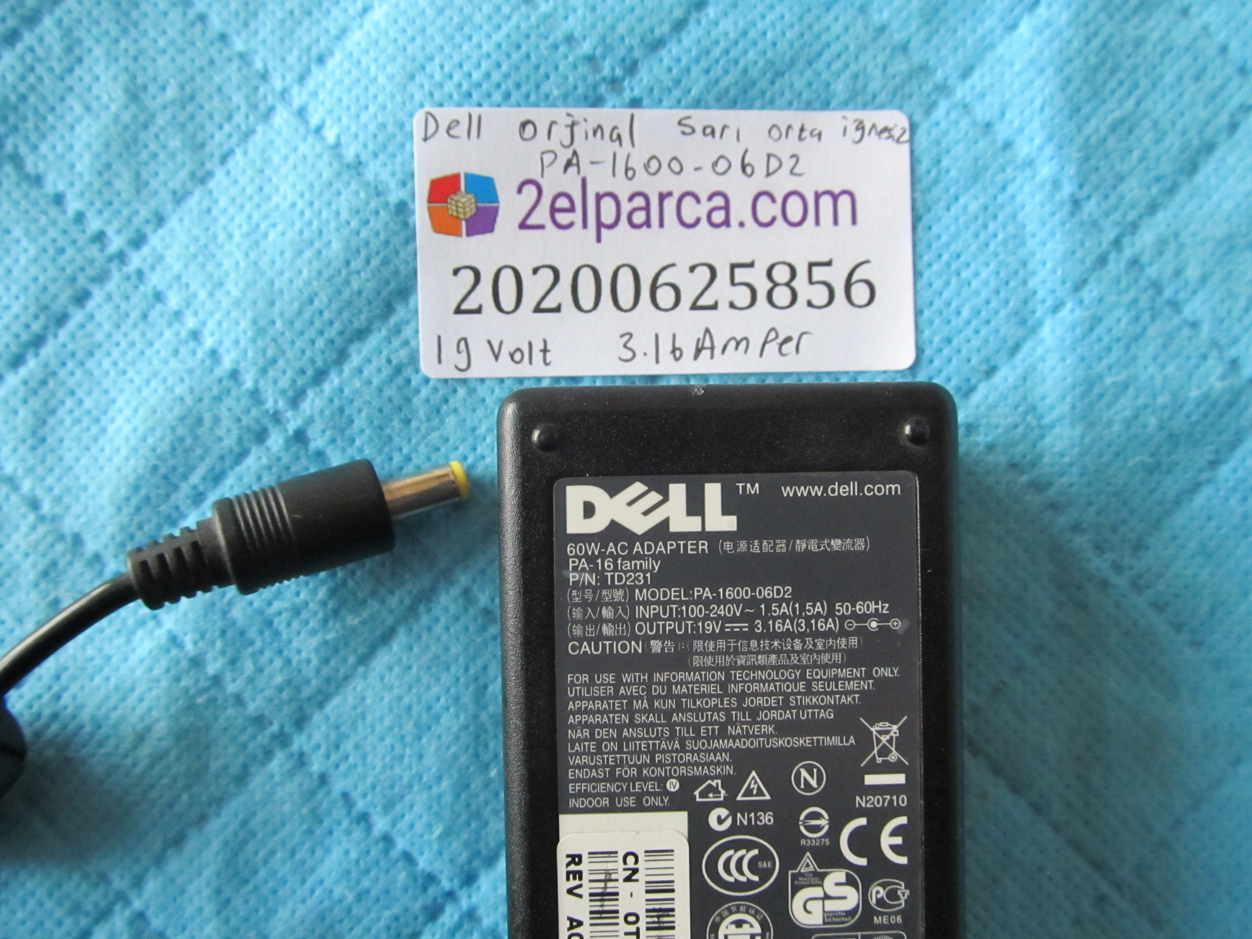 DELL Dell orjinal adaptör pa-1600-06d2 19volt 3.16amper sari orta iğnesiz uç küçük görsel 2