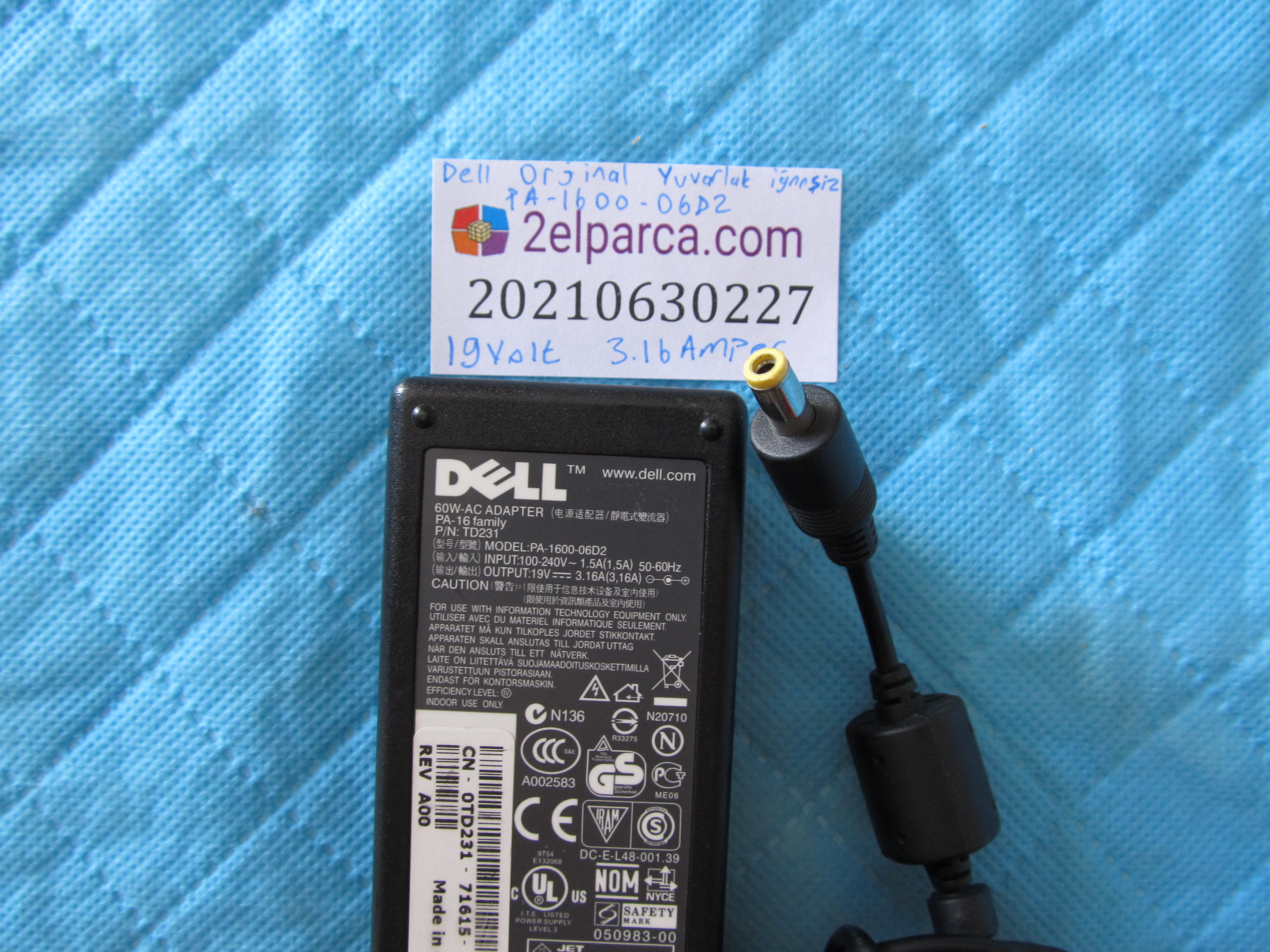 DELL Dell orjinal adaptör pa-1600-06d2 19volt 3.16amper sari yuvarlak iğnesiz uç küçük görsel 2